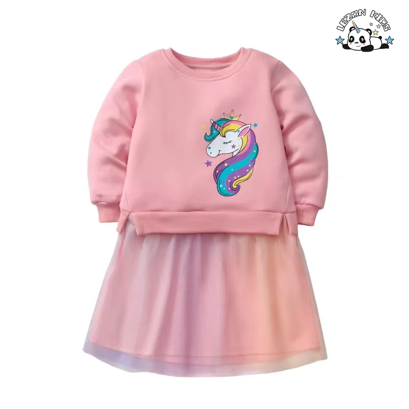 LEZONKIDS - Wholesale Autumn Long Sleeve Kids Dress Cute unicorn Sequin Patches Sweatshirt Tutu Girls Dress